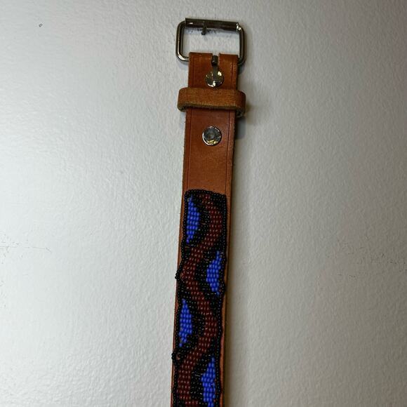 Brown Leather Belt Beaded Purple Black Aztec Western Fair Boho Country Southwest - Picture 2 of 8